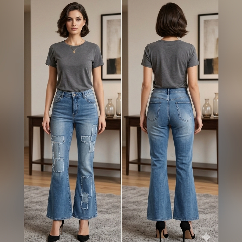 High-Rise Patchwork Flare Jeans - Gray/Blue Size Xl